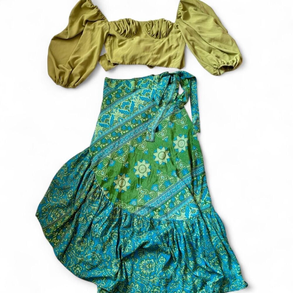 Whimsy boho green long sleeve corset top with open back